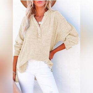 NEW Dokotoo Size L Gauze Casual Button V Neck Long Sleeve Shirts Oversized Solid